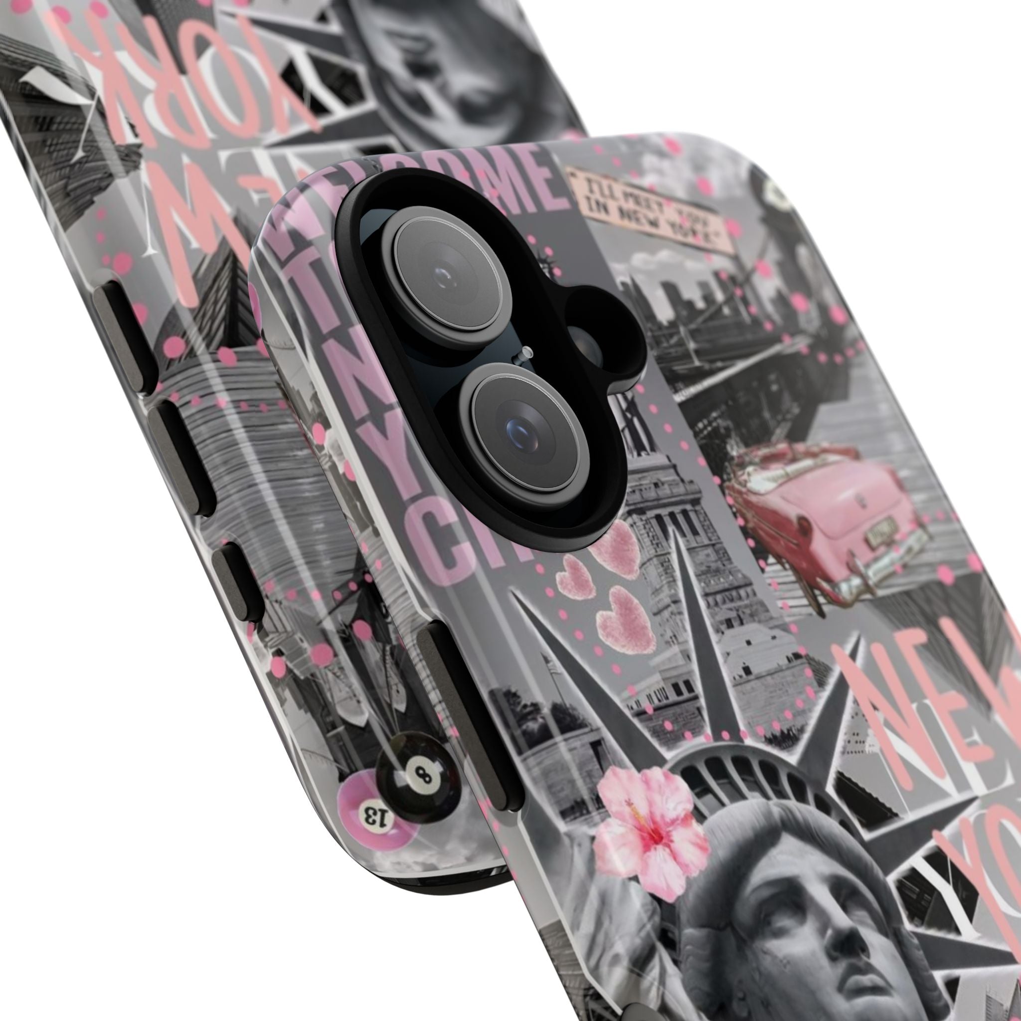 New York Collage Phone Case — Pink Retro Statue of Liberty Design