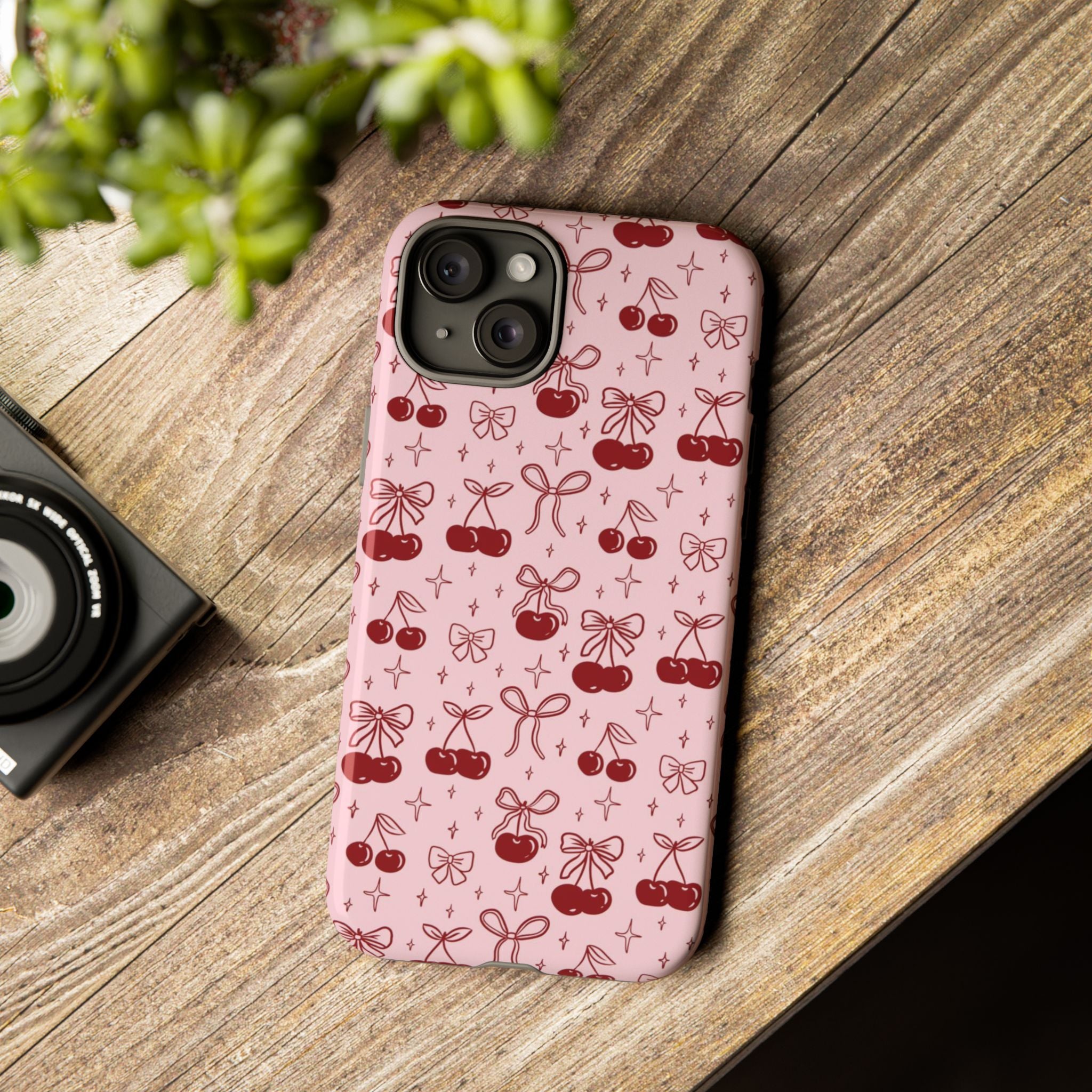 Cherry Pattern Phone Case — Cute Pink Cherries with Bows Durable Tough Case