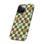 Green Checkered Floral & Smile Phone Case — Cute Heart, Daisy & Smile Pattern
