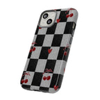 Cherry Checker Phone Case — Retro Black & White Plaid with Red Hearts