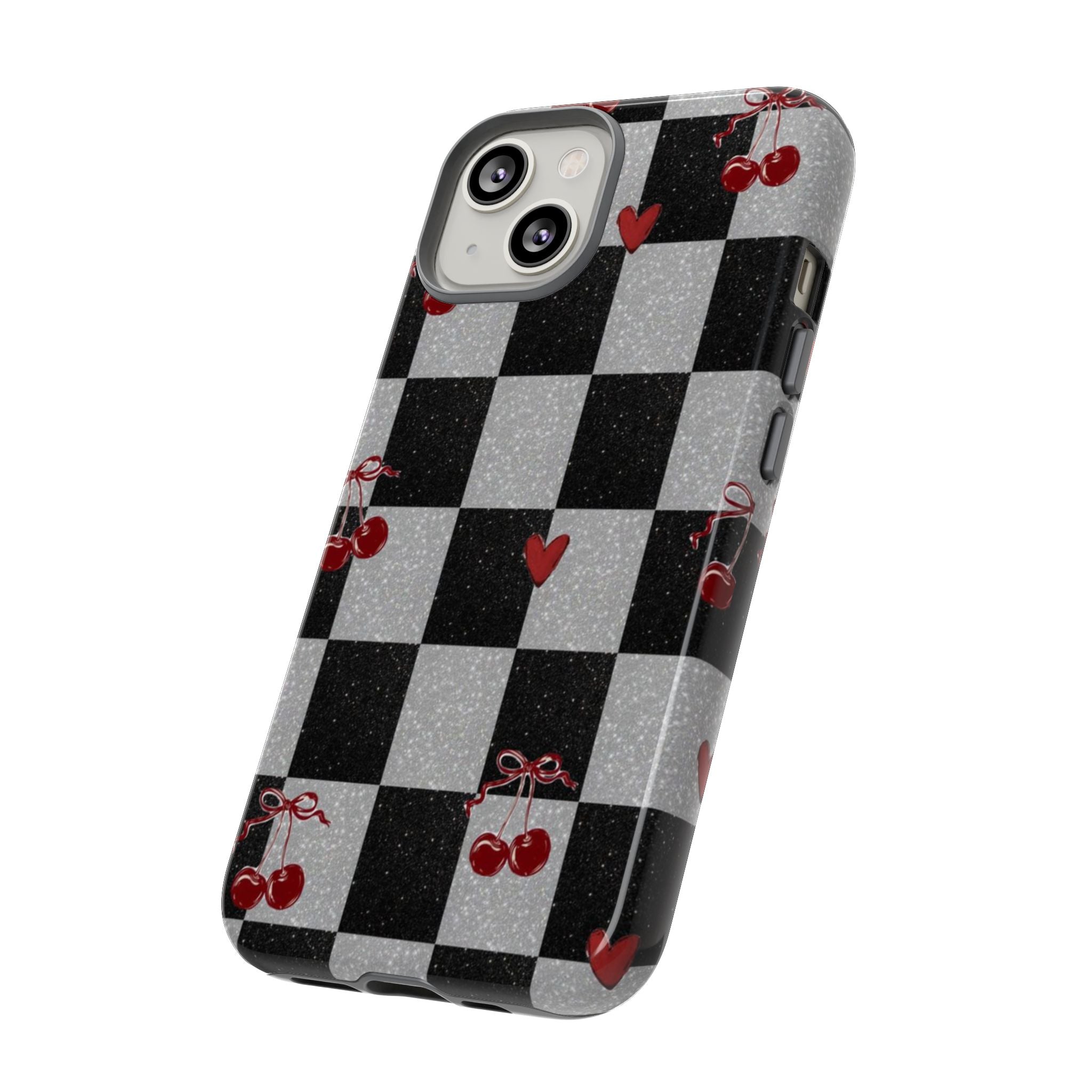 Cherry Checker Phone Case — Retro Black & White Plaid with Red Hearts