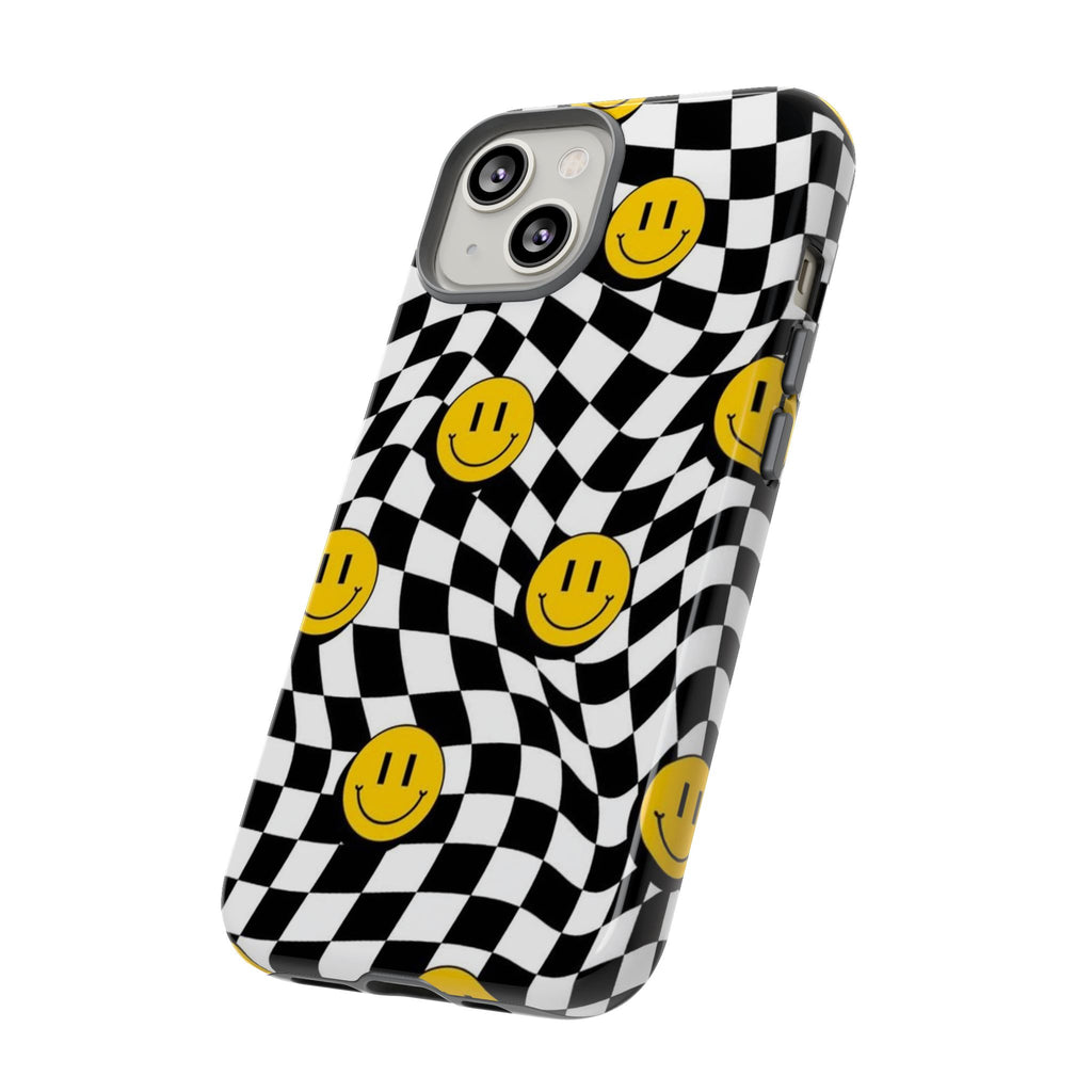 Smiley Checkerboard Tough Phone Case — Retro Wavy Black & White Design