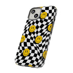 Smiley Checkerboard Tough Phone Case — Retro Wavy Black & White Design