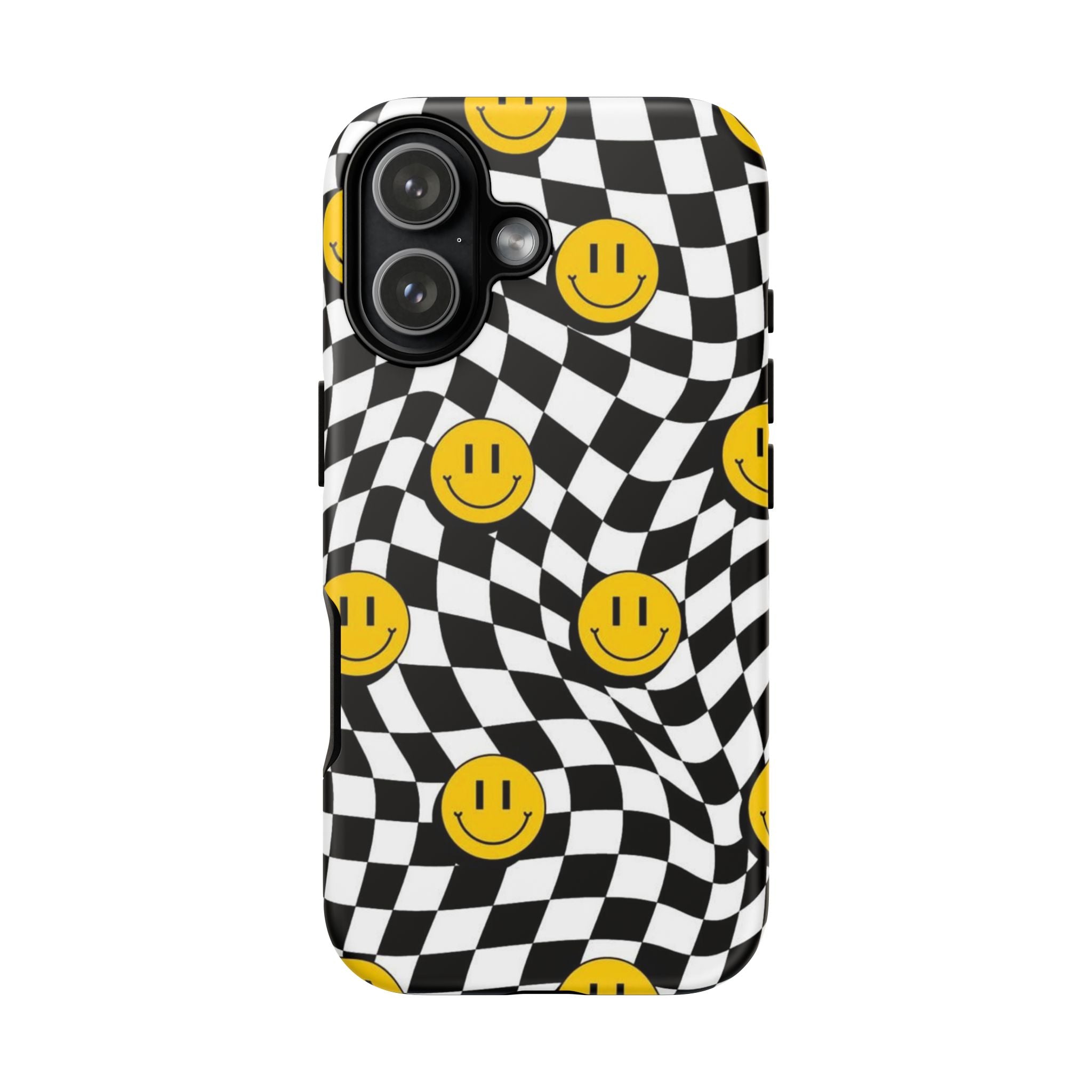 Smiley Checkerboard Tough Phone Case — Retro Wavy Black & White Design