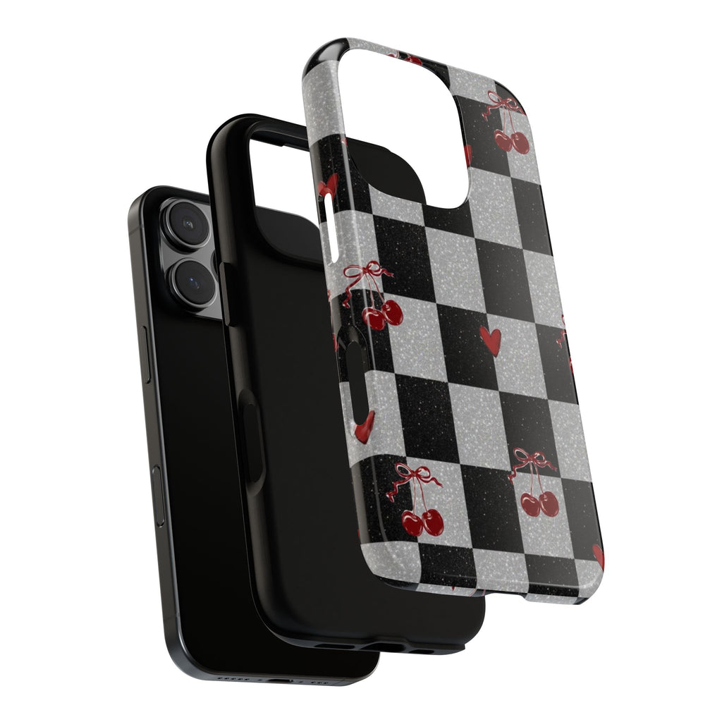 Cherry Checker Phone Case — Retro Black & White Plaid with Red Hearts