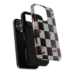 Cherry Checker Phone Case — Retro Black & White Plaid with Red Hearts