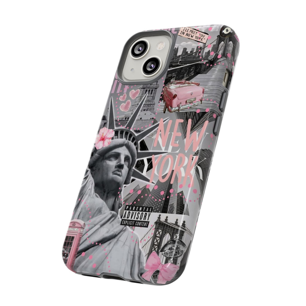 New York Collage Phone Case — Pink Retro Statue of Liberty Design