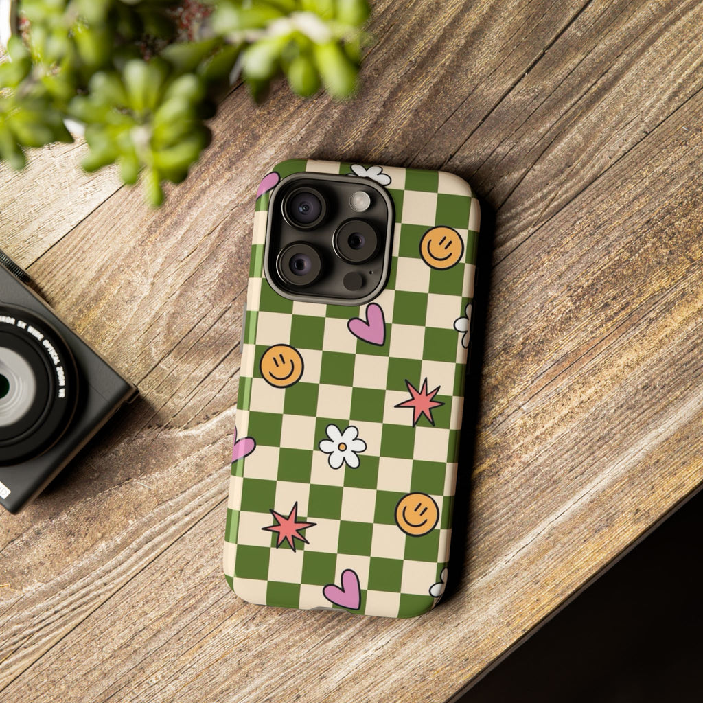 Green Checkered Floral & Smile Phone Case — Cute Heart, Daisy & Smile Pattern