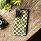 Green Checkered Floral & Smile Phone Case — Cute Heart, Daisy & Smile Pattern