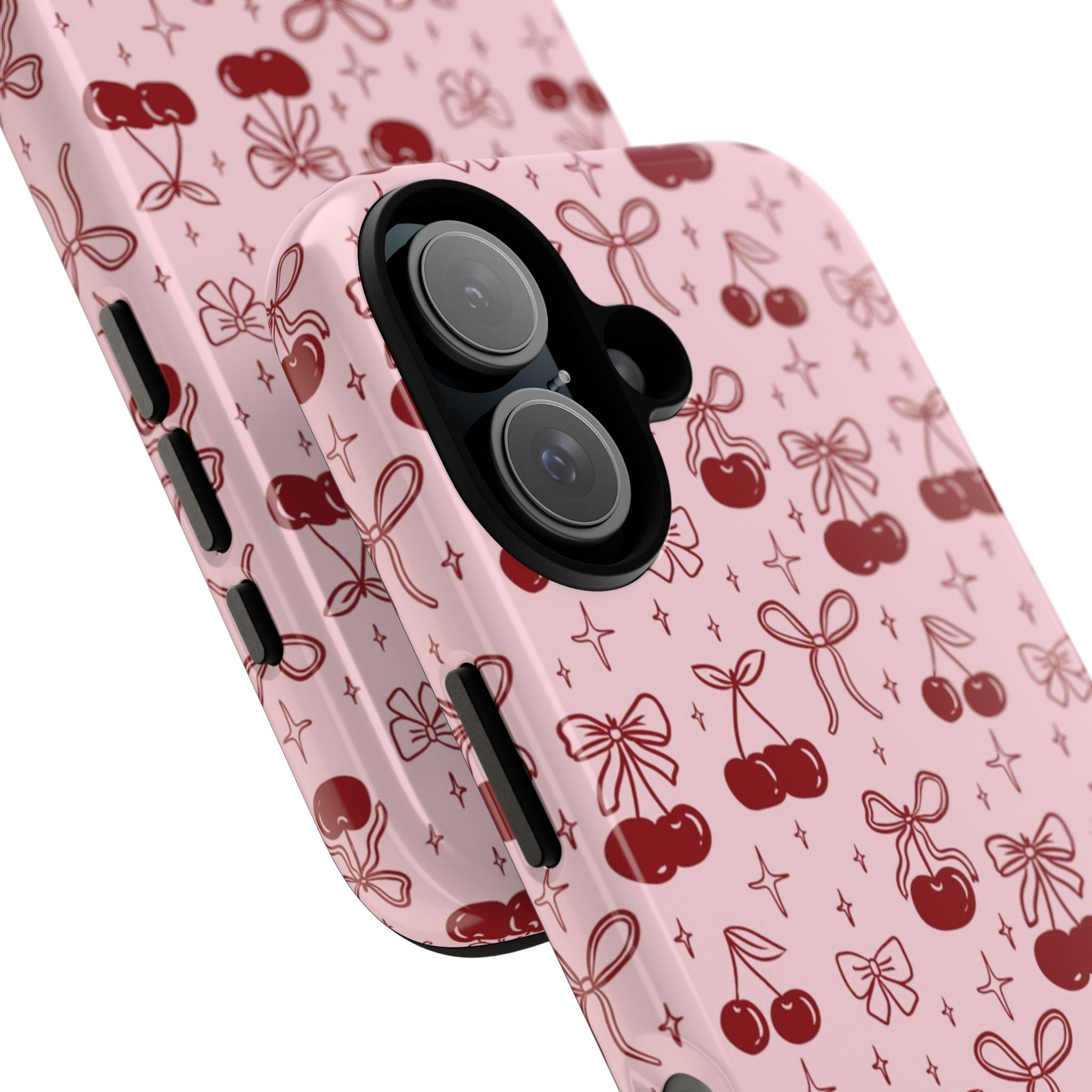 Cherry Pattern Phone Case — Cute Pink Cherries with Bows Durable Tough Case