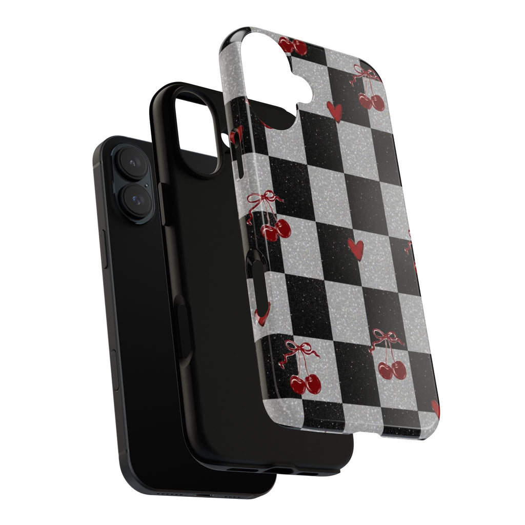 Cherry Checker Phone Case — Retro Black & White Plaid with Red Hearts