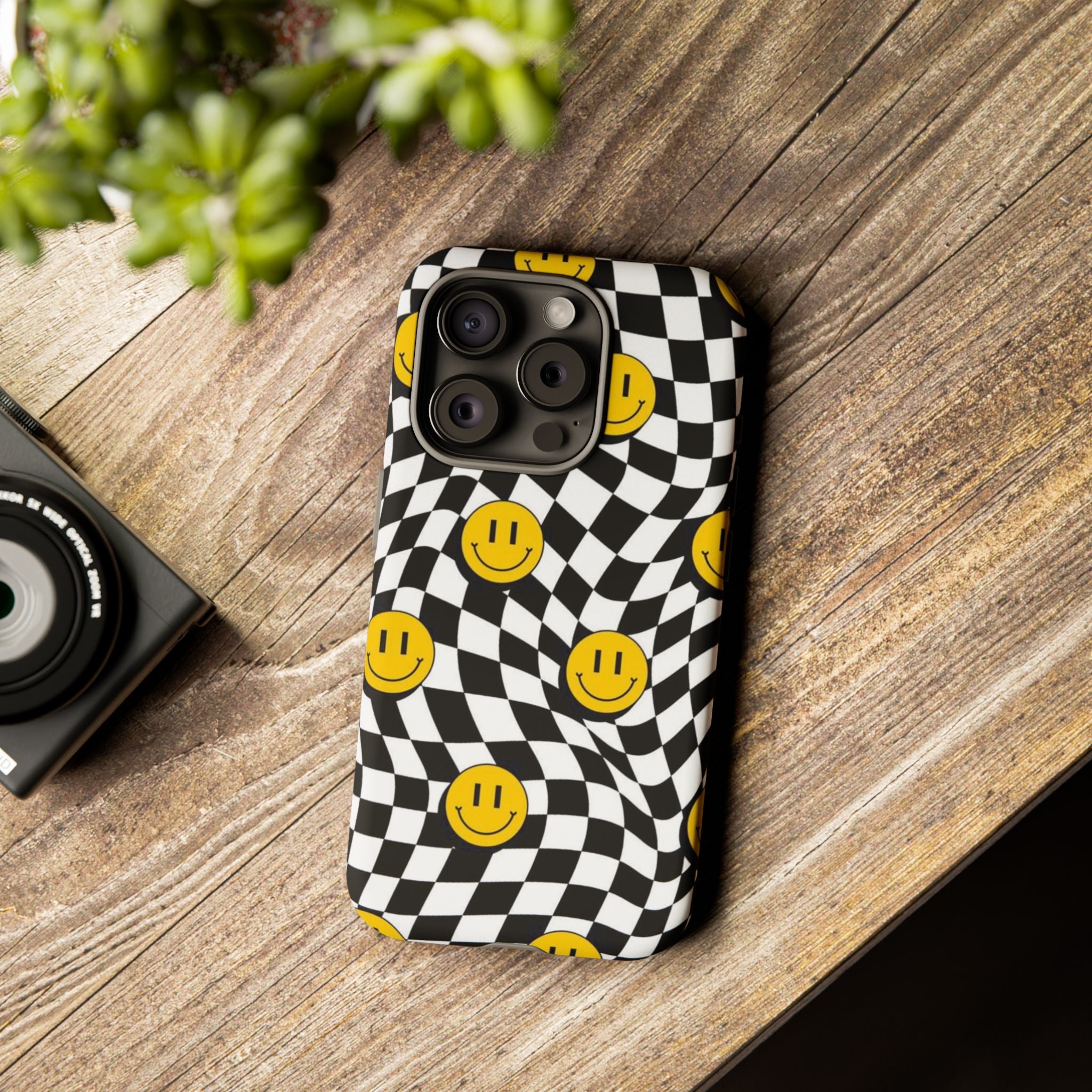 Smiley Checkerboard Tough Phone Case — Retro Wavy Black & White Design