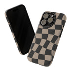 Wavy Checkerboard Phone Case — Retro Black & Beige Pattern, Durable Protective Cover