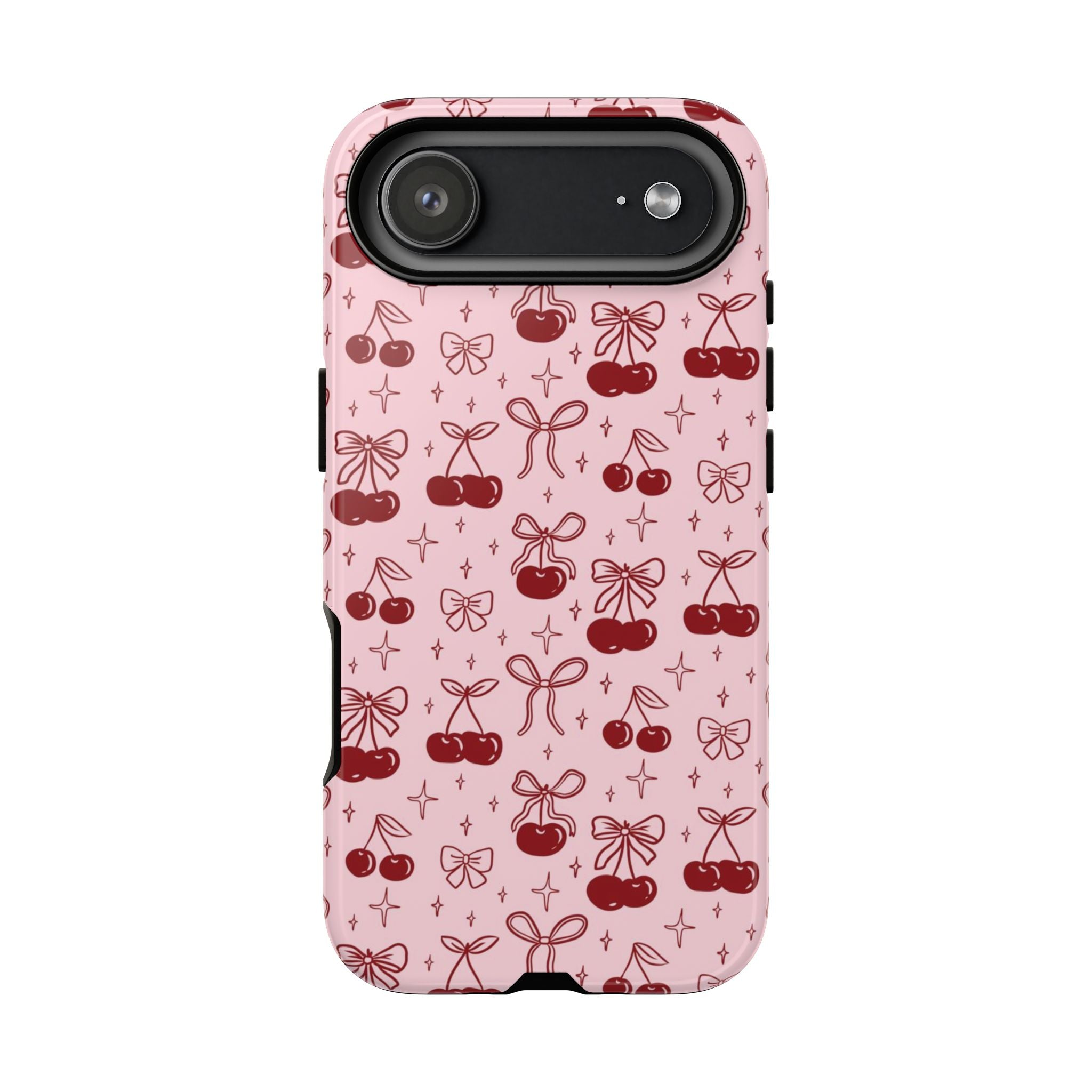 Cherry Pattern Phone Case — Cute Pink Cherries with Bows Durable Tough Case