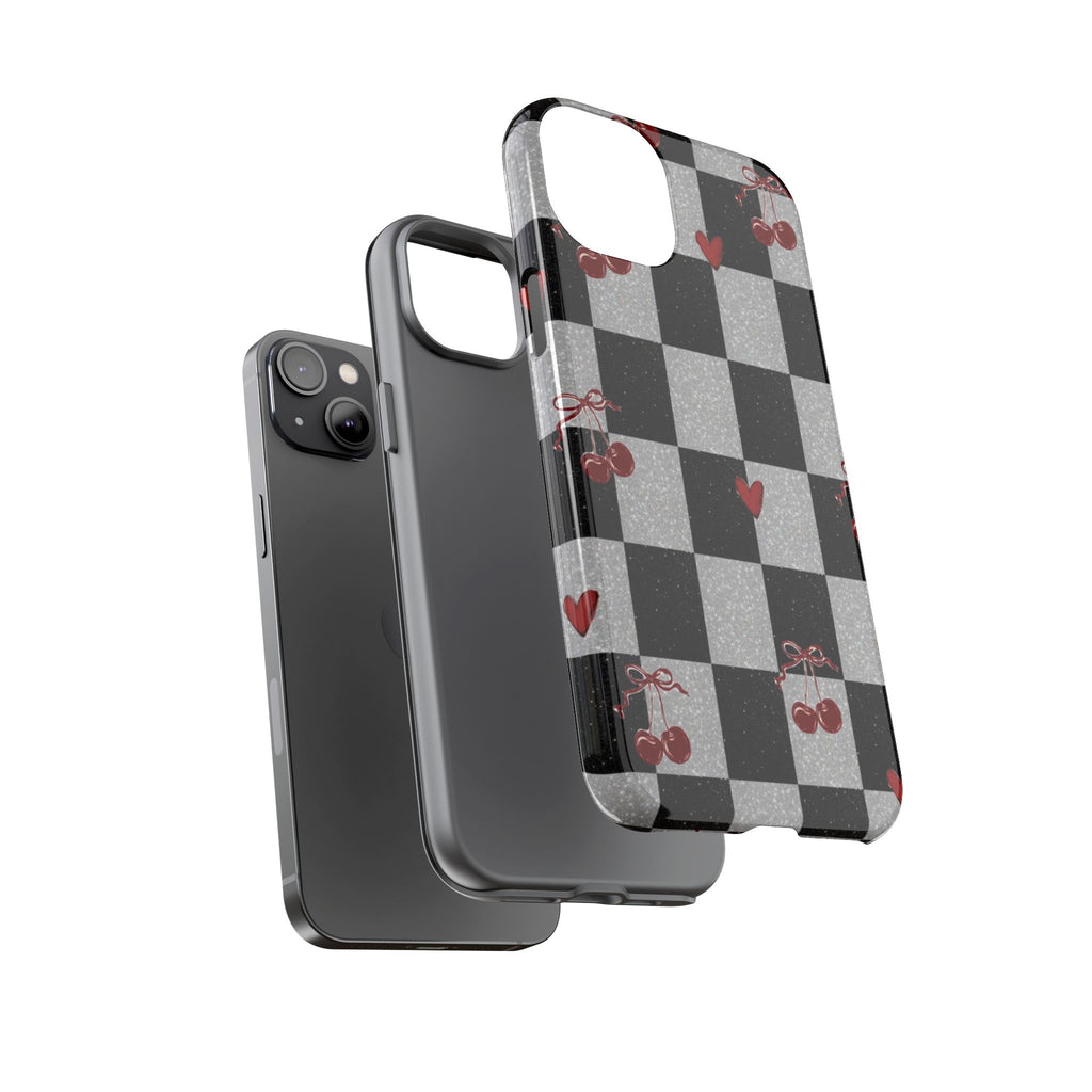 Cherry Checker Phone Case — Retro Black & White Plaid with Red Hearts