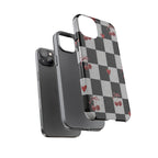 Cherry Checker Phone Case — Retro Black & White Plaid with Red Hearts