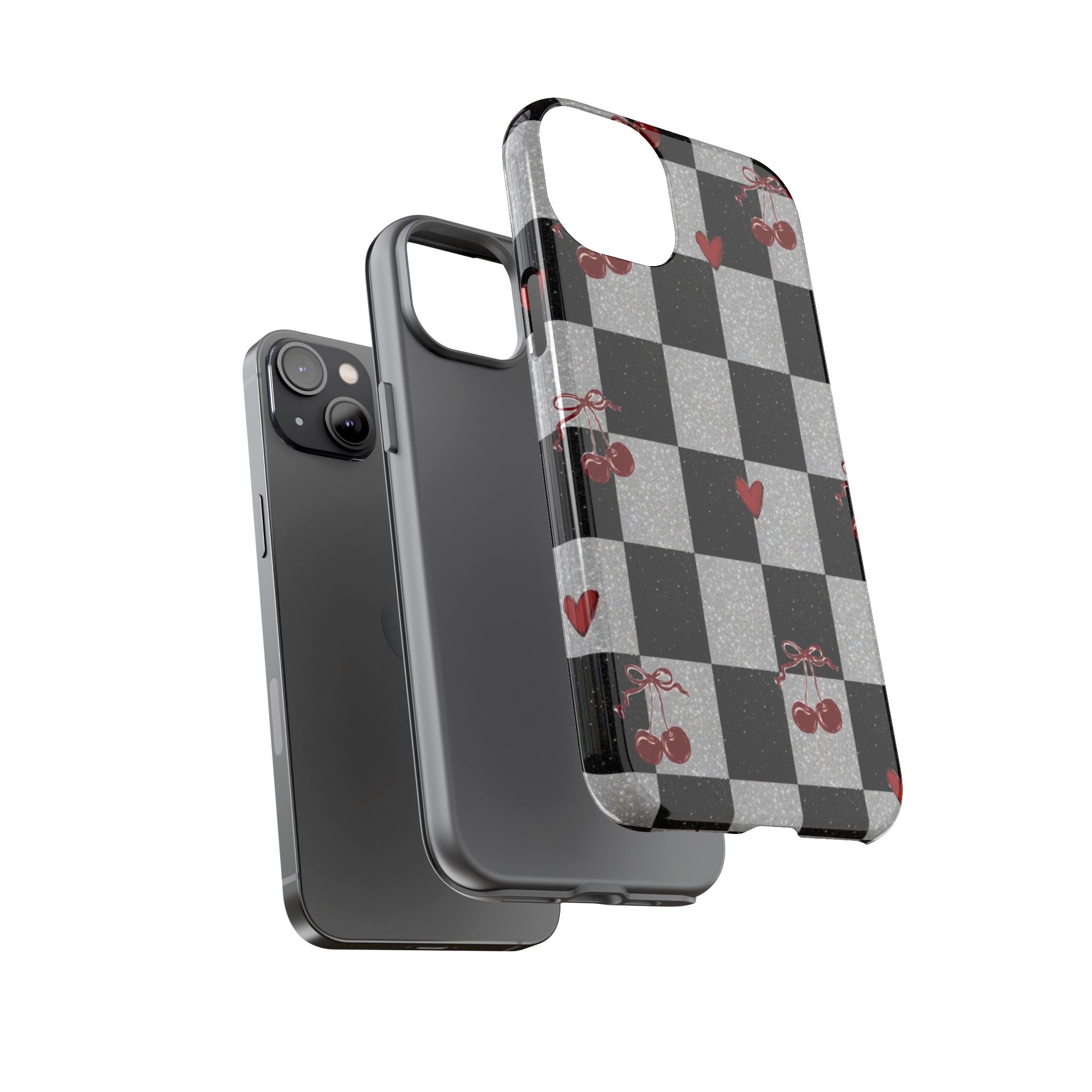 Cherry Checker Phone Case — Retro Black & White Plaid with Red Hearts