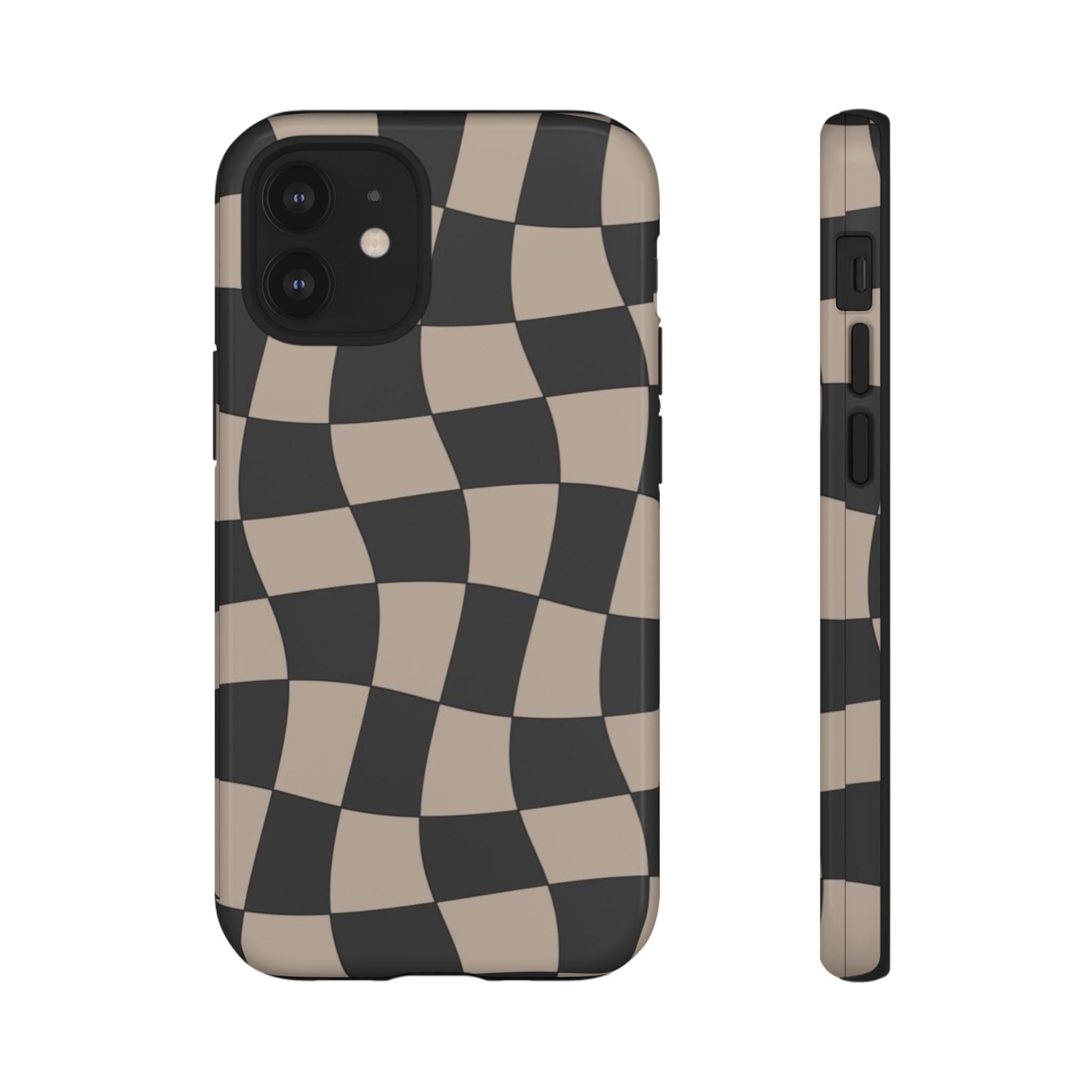 Wavy Checkerboard Phone Case — Retro Black & Beige Pattern, Durable Protective Cover