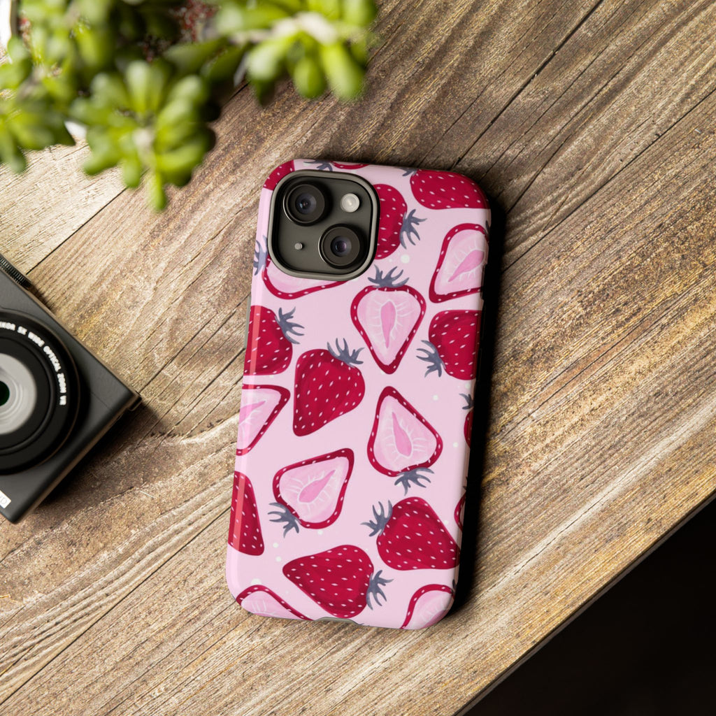 Strawberry Pattern Tough Phone Case — Pink Fruit Protective Cover