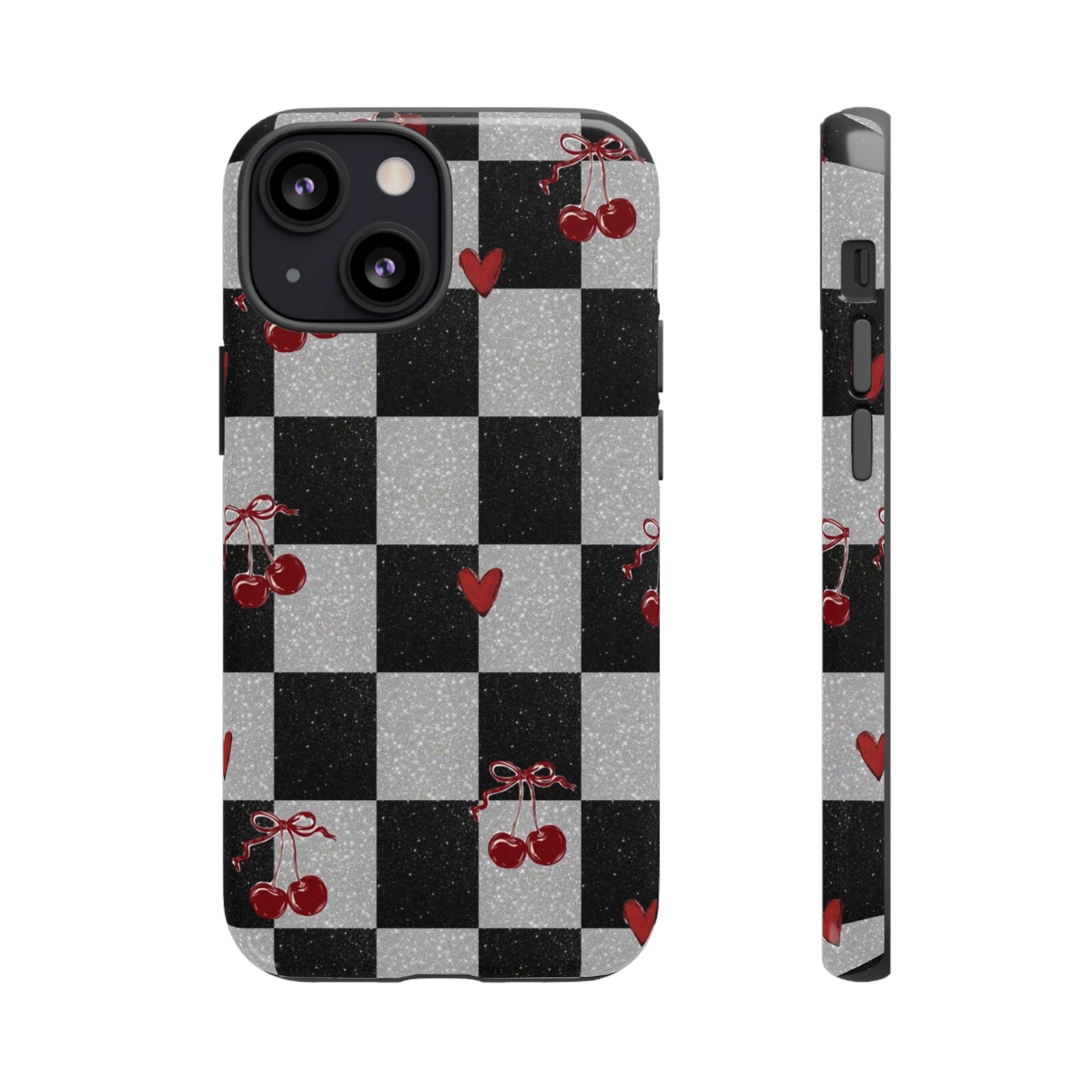 Cherry Checker Phone Case — Retro Black & White Plaid with Red Hearts