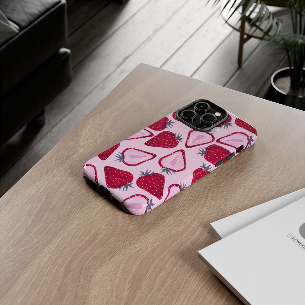 Strawberry Pattern Tough Phone Case — Pink Fruit Protective Cover