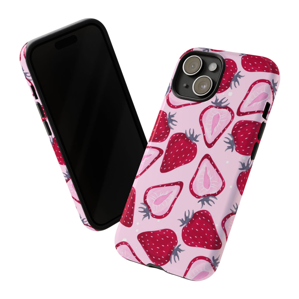 Strawberry Pattern Tough Phone Case — Pink Fruit Protective Cover