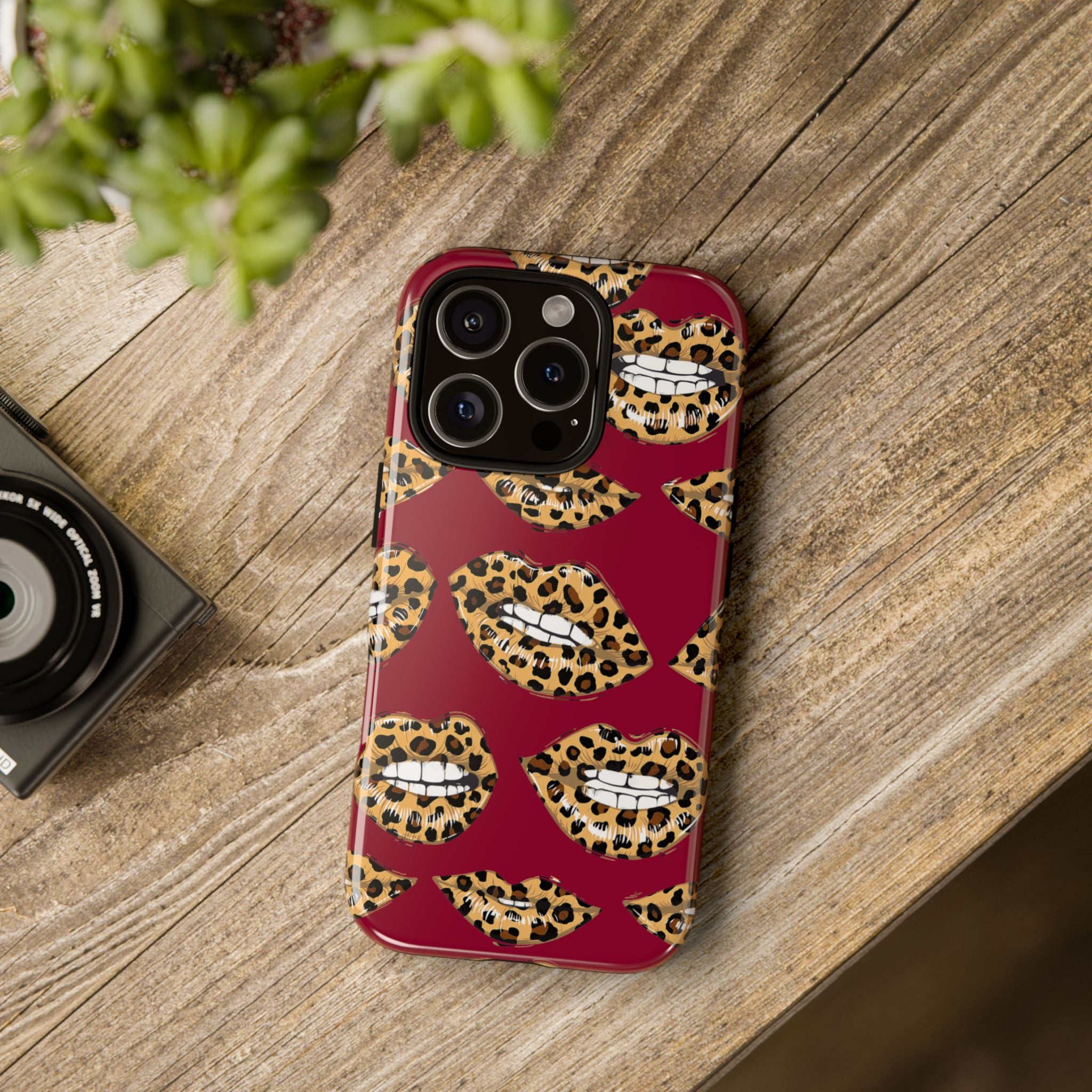Phone Case — Leopard Lips Pattern on Burgundy