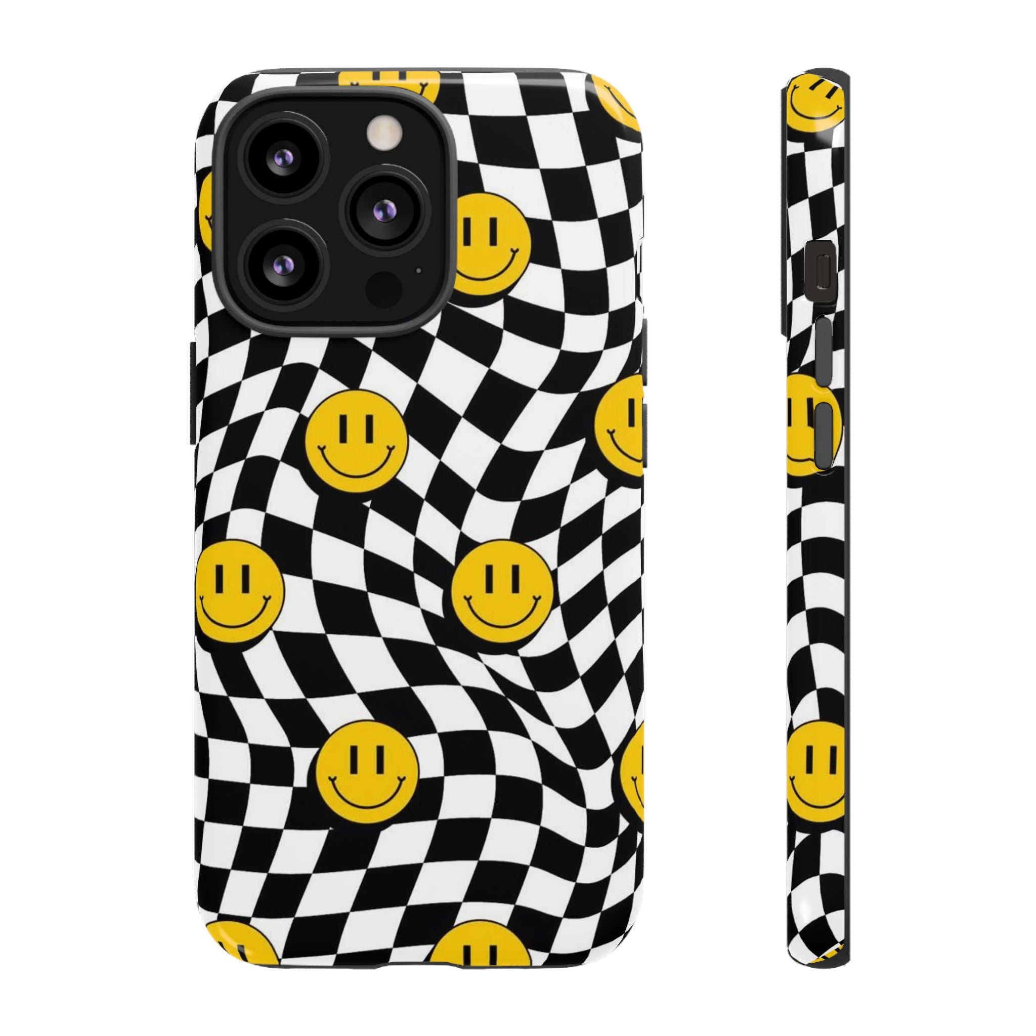 Smiley Checkerboard Tough Phone Case — Retro Wavy Black & White Design