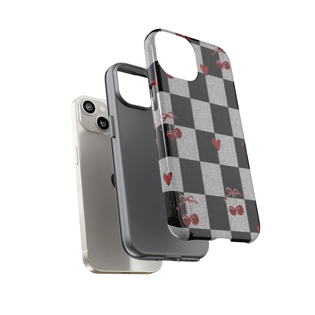 Cherry Checker Phone Case — Retro Black & White Plaid with Red Hearts