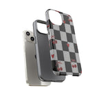 Cherry Checker Phone Case — Retro Black & White Plaid with Red Hearts