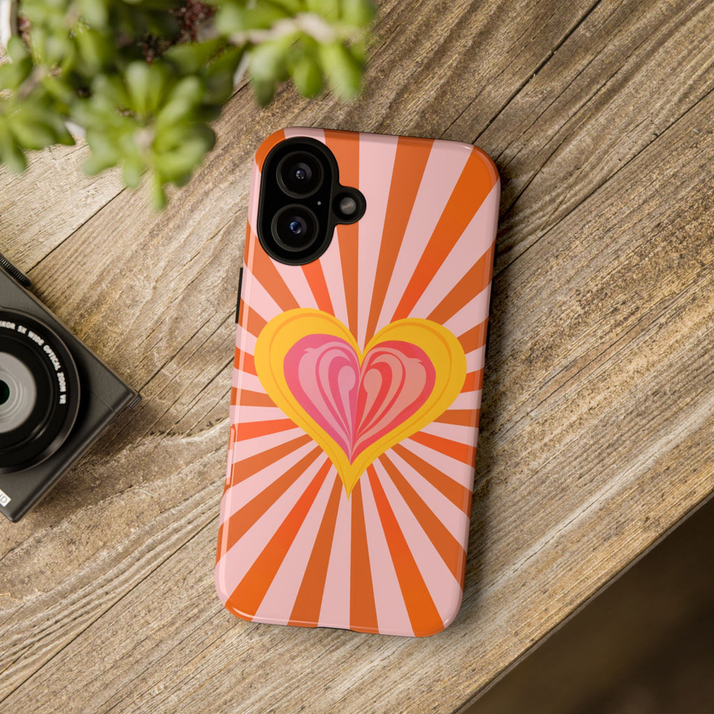 Retro Heart Phone Case — Vibrant Orange Sunburst Tough Case