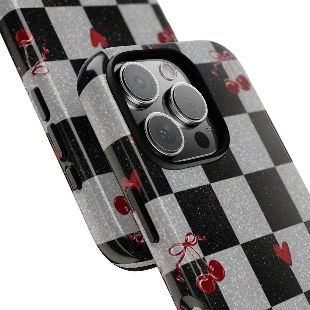 Cherry Checker Phone Case — Retro Black & White Plaid with Red Hearts