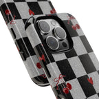 Cherry Checker Phone Case — Retro Black & White Plaid with Red Hearts