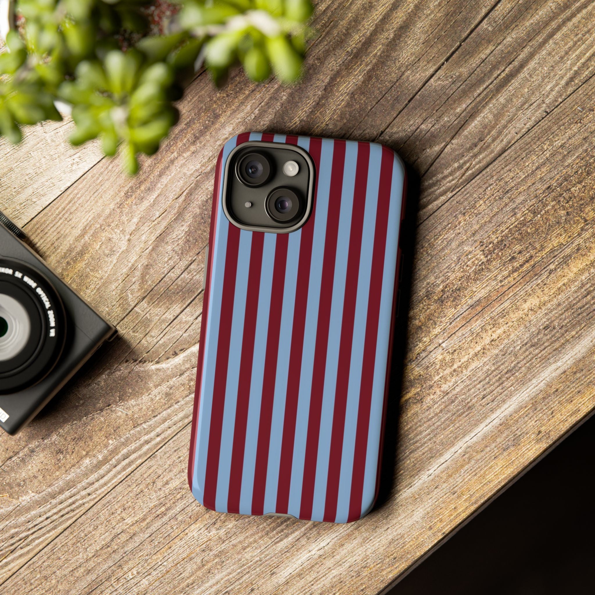 Striped Tough Phone Case — Blue & Burgundy Vertical Stripe Protective Cover