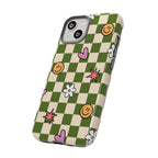 Green Checkered Floral & Smile Phone Case — Cute Heart, Daisy & Smile Pattern