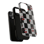 Cherry Checker Phone Case — Retro Black & White Plaid with Red Hearts