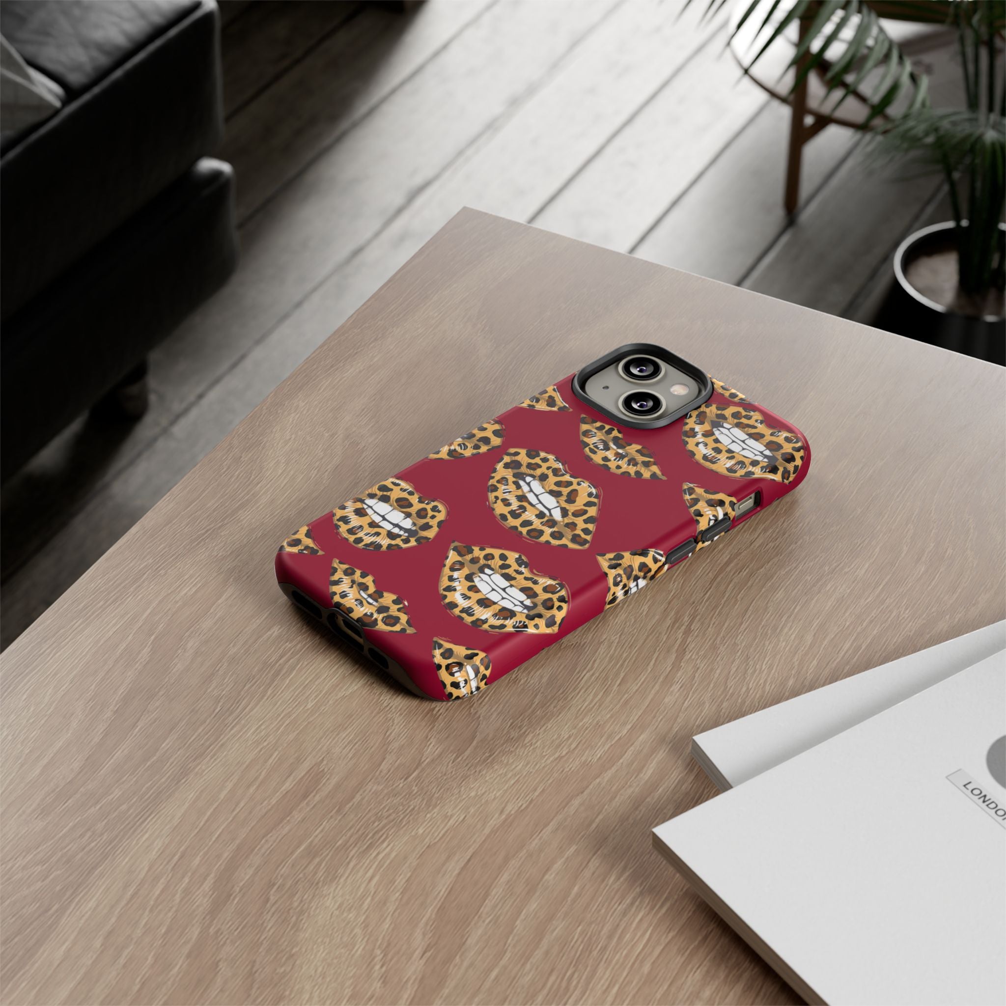 Phone Case — Leopard Lips Pattern on Burgundy