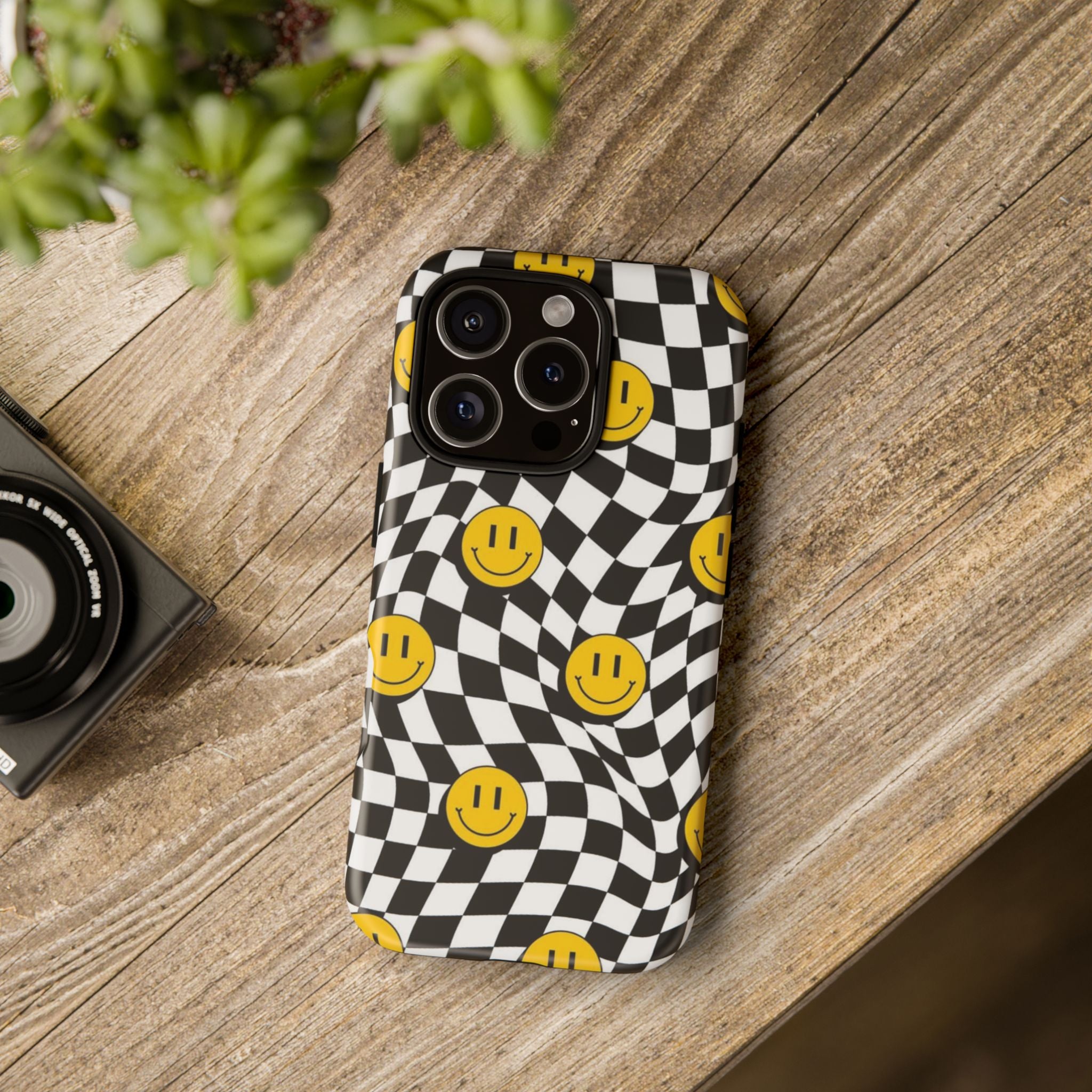 Smiley Checkerboard Tough Phone Case — Retro Wavy Black & White Design