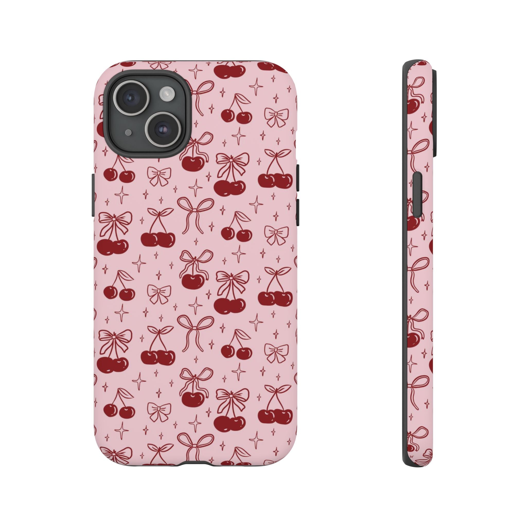 Cherry Pattern Phone Case — Cute Pink Cherries with Bows Durable Tough Case
