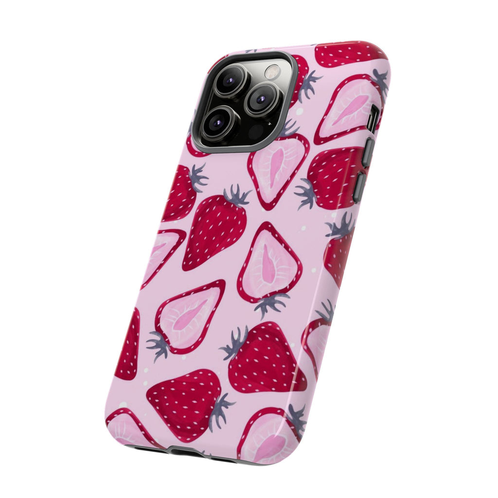 Strawberry Pattern Tough Phone Case — Pink Fruit Protective Cover