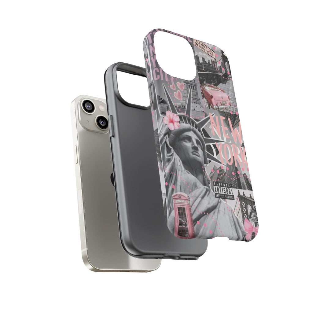 New York Collage Phone Case — Pink Retro Statue of Liberty Design