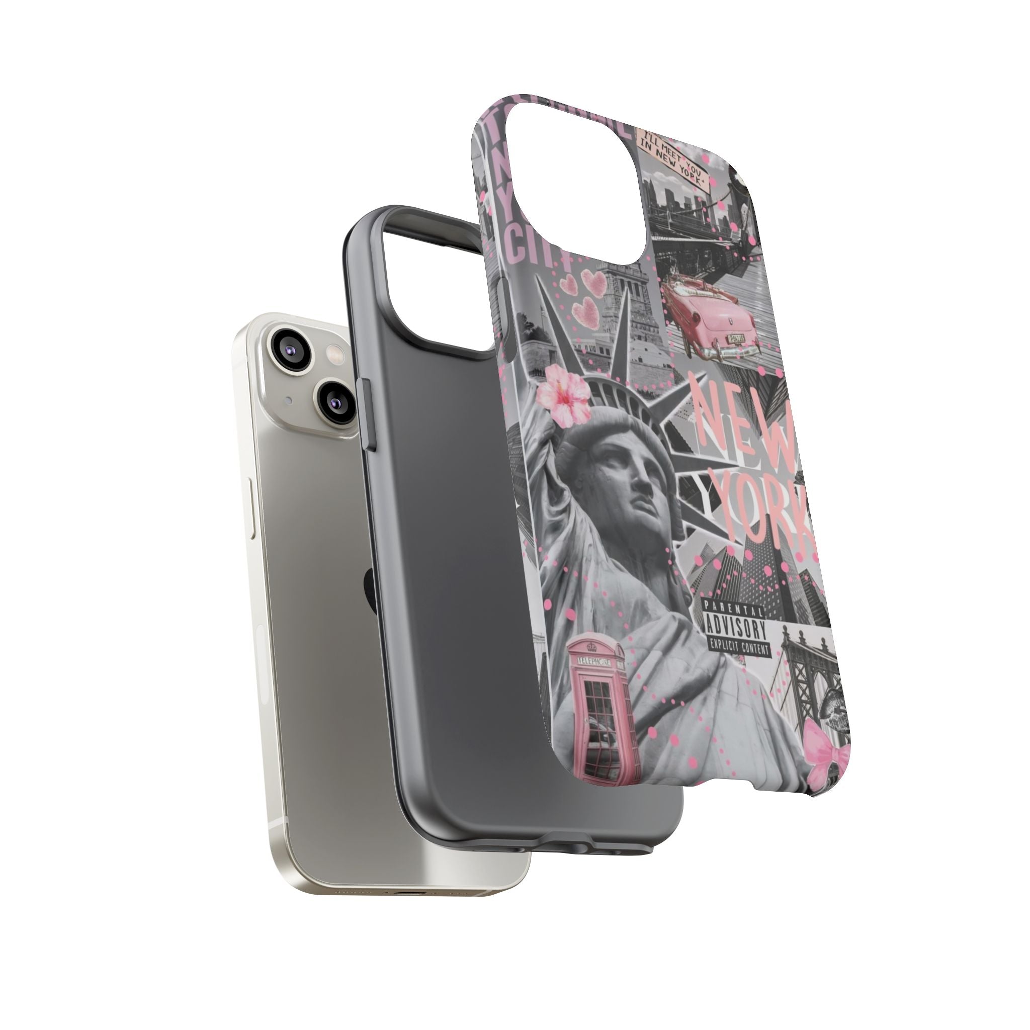 New York Collage Phone Case — Pink Retro Statue of Liberty Design
