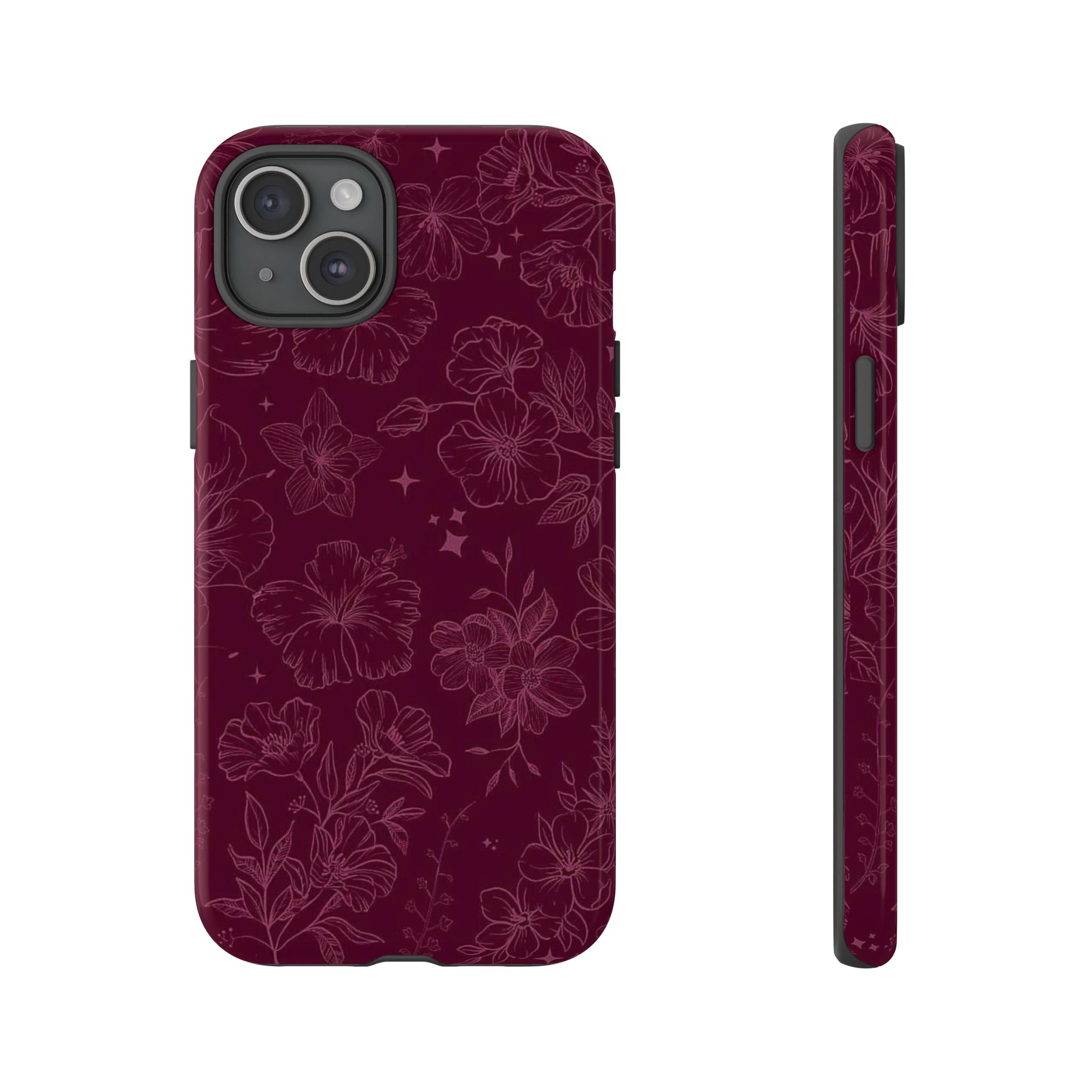 Burgundy Floral Tough Phone Case — Protective Hibiscus Pattern