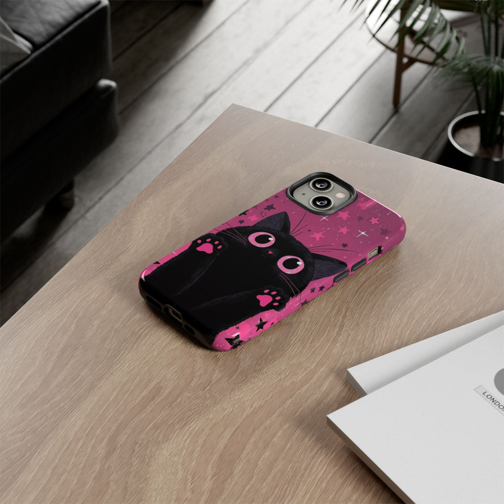 Cat Paw Pink Galaxy Phone Case — Cute Black Kitten iPhone Cover