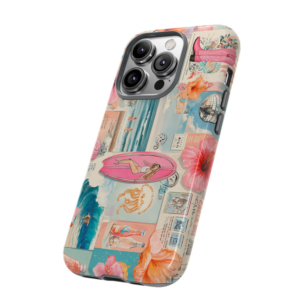 Tropical Surf Collage Phone Case — Vintage Hawaiian Floral & Surfboard Design