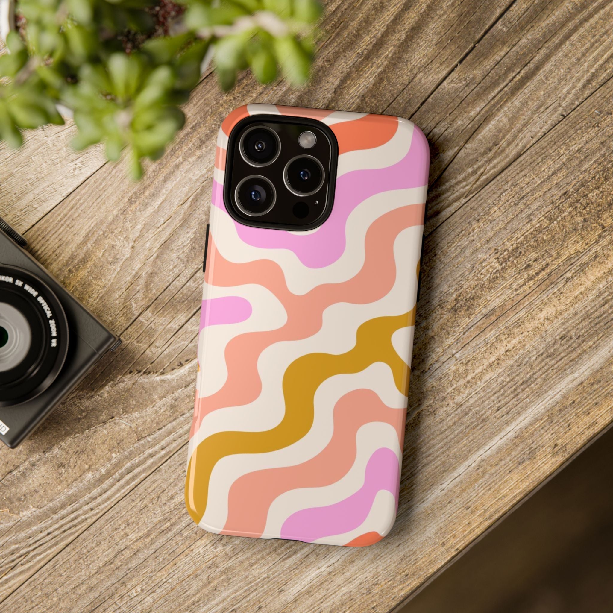 Retro Wavy Pattern Tough Phone Case — Pink, Peach & Mustard Abstract Design