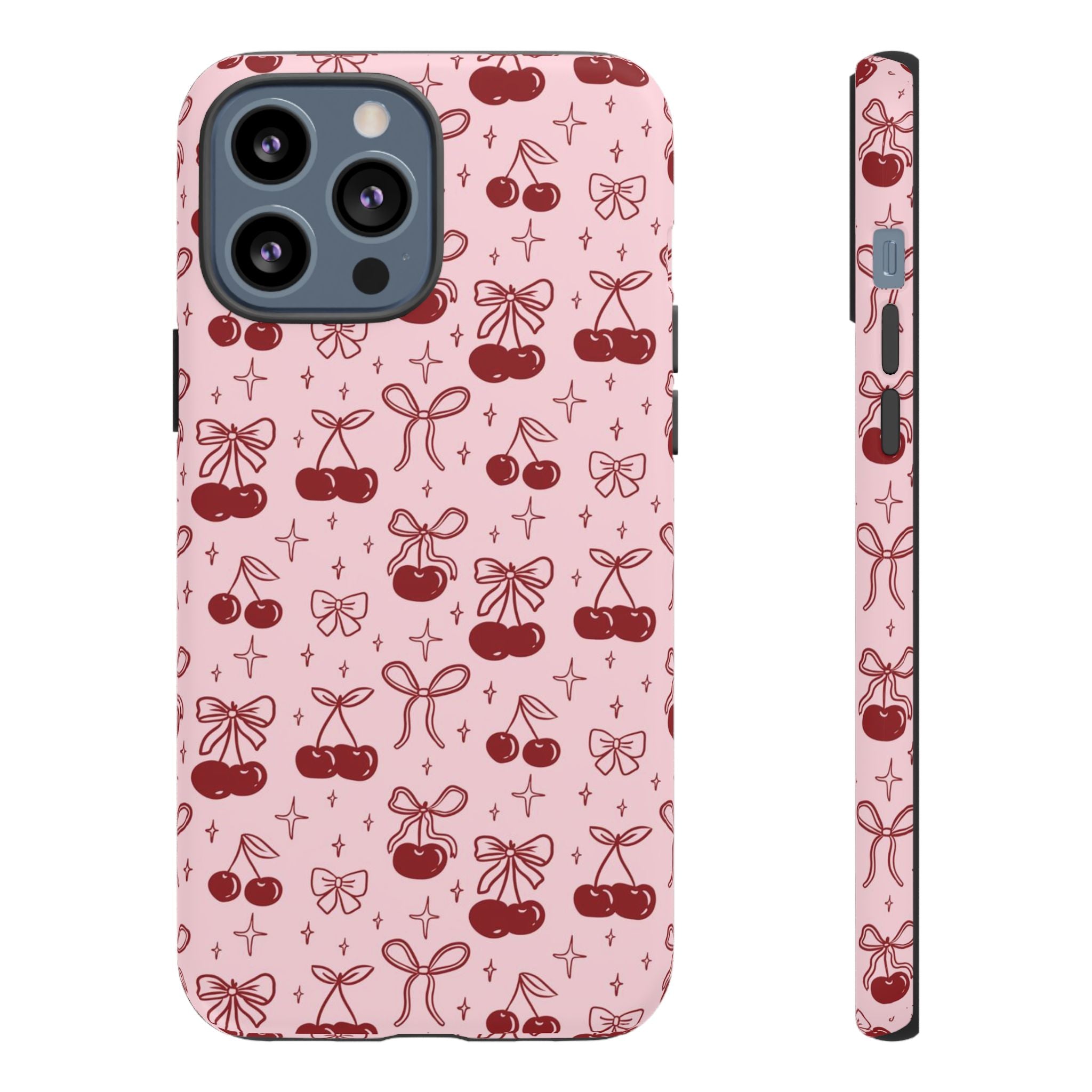 Cherry Pattern Phone Case — Cute Pink Cherries with Bows Durable Tough Case