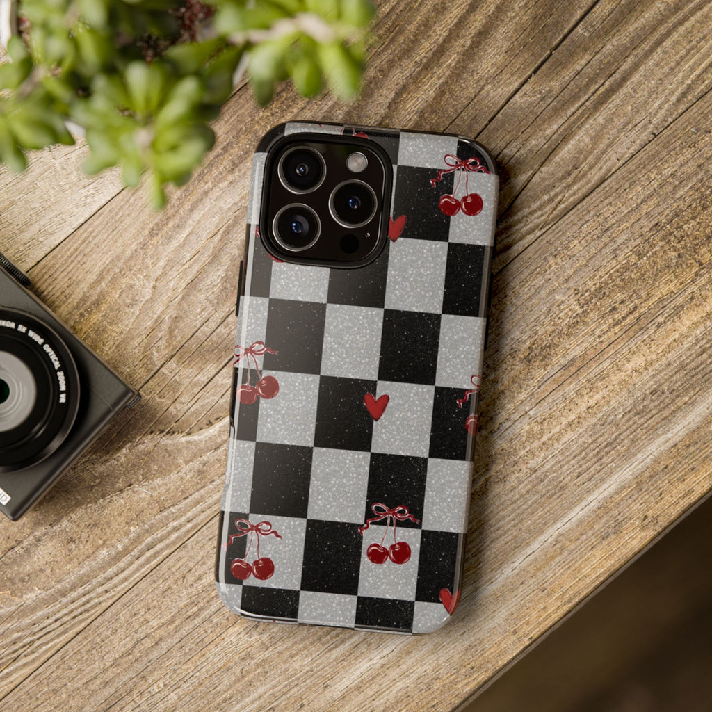 Cherry Checker Phone Case — Retro Black & White Plaid with Red Hearts