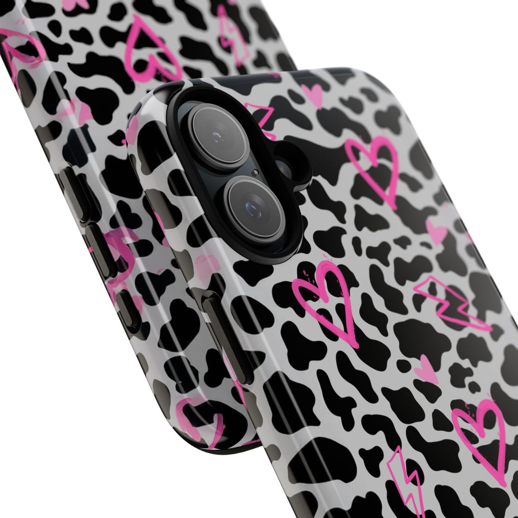 Phone Case — Black & White Cow Print with Pink Hand-Drawn Hearts
