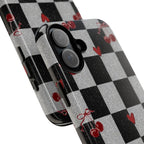 Cherry Checker Phone Case — Retro Black & White Plaid with Red Hearts